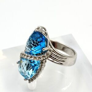 Sterling Silver 925 Blue Clear Topaz Aquamarine Bypass Style Statement Ring Sz 6
